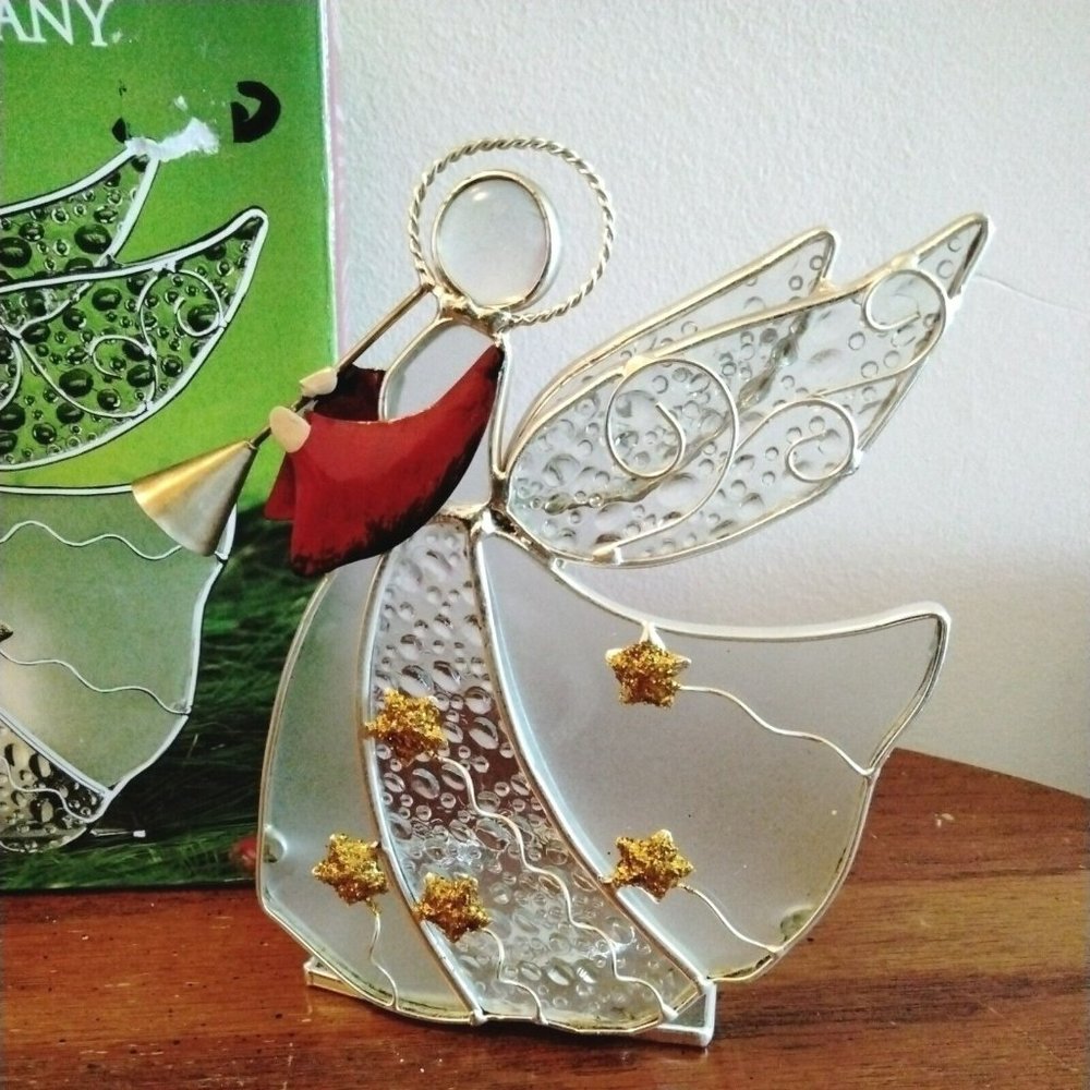 Stained Glass Angel & Horn Votive Candle Holder Christmas Holiday Intl Silver Co